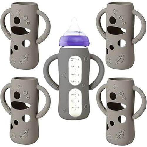 4 Pcs Silicone Sleeves for Lansinoh (Old Style) Anti-Colic Glass Baby Bottles, Drop Protection Silicone Covers Compatible with 8 Ounces Lansinoh Glass Bottles, BPA-Free (Gray, 8 Ounce)