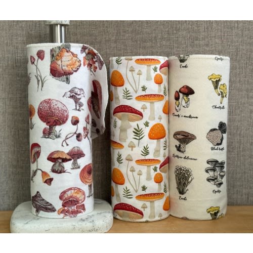 Mushroom Print Paperless Towels: Reusable Cotton Flannel, Eco-Friendly Kitchen Decor (10”x12”)