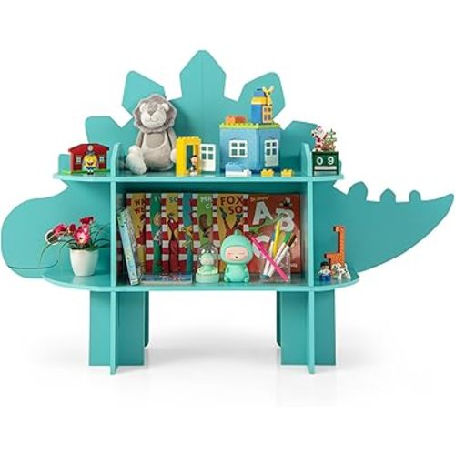 Costzon Kids Bookshelf, 2-Tier Toddler Montessori Shelf Book Rack, Toy and Book Storage for Kids, Wooden Children’s Bookcase, Toy Storage Organizer for Kids Room, Playroom, Nursery (Blue Dinosaur)