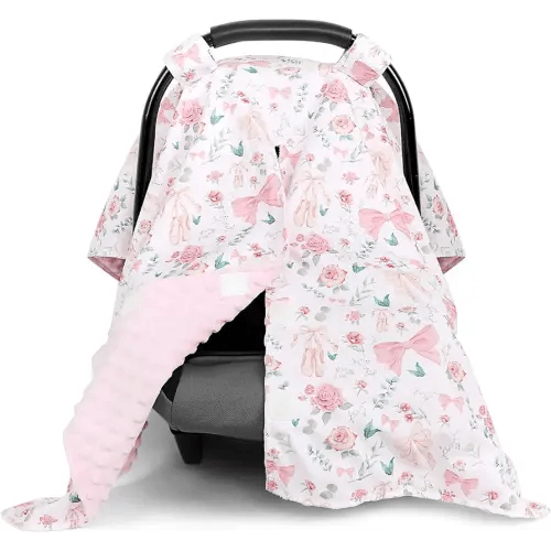 Baby Car Seat Cover, Soft Minky Warm Winter Car Seat Canopy for Infants & Toddlers, Opening with Adjustable Strap, Breathable Nursing Cover & Stroller Blanket, Pink Flowers (Fits Most Car Seats)