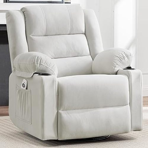 Swivel Rocking Recliner Chair with Massage and Heat,Oversized Rocker Recliner for Adults, Upholstered Fabric Reclining Single Sofa Chair for Living Room,Nursery (Beige)