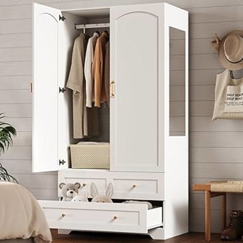 Armoire Wardrobe Closet with Full-Length Mirror, Bedroom Armoires with 2 Storage Drawers & 2 Door Cabinet, White Freestanding Wardrobe Combination with Hanging and Organizing Clothes for Home