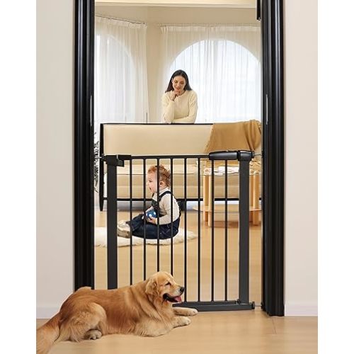 29"-57" Baby and Pet Safety Gate, 30" Tall Metal Walk-Thru Gate for Doorways & Stairs, Easy One-Hand Open, Dual Lock (Black, 29" W x 30.5“H)