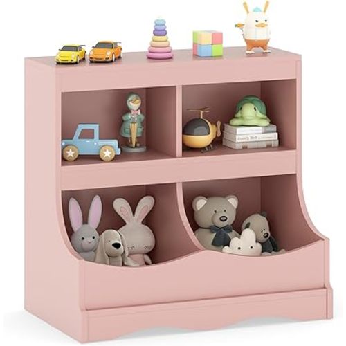 HONEY JOY Kids Toy Storage Organizer, 4-Cubby Wooden Bookcase Cabinet, 2-Tier Open Daycare Shelf for Preschool, Kids Display Bookshelf for Bedroom, Playroom, Classroom & Nursery (Pink)