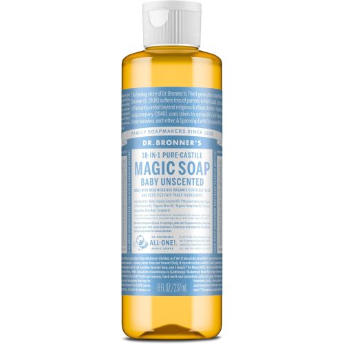 Dr. Bronner's - Pure-Castile Liquid Soap (Baby Unscented, 237 mL) - Made with Organic Oils, 18-in-1 Uses: Face, Hair, Laundry, Dishes, For Sensitive Skin, Babies, No Added Fragrance, Vegan, Non-GMO