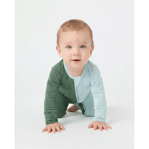 Bamboo Baby Boy / Girl Color Block 2-Way Zipper Anti Slip Long Sleeve Rompers Green