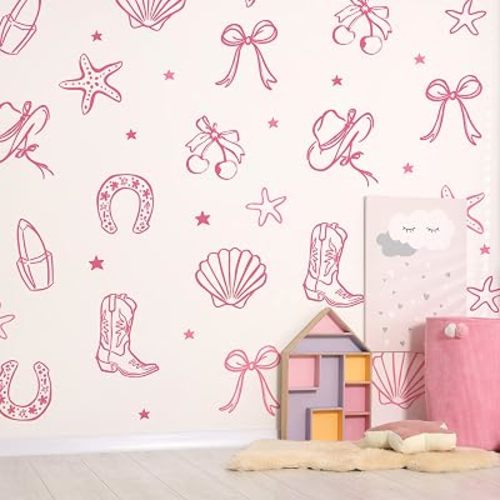 Seaside Cowgirl Wall Decals, Peel and Stick Under the Sea Coastal Cowgirl Mural, Western Beach Wall Stickers for Kids, Boys and Girls Room & Nursery Decor ((Pink Cowgirl Bow Wall Decals)