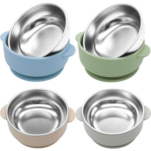 4 Pack Stainless Steel Baby Bowls with Suction 2-in-1 | SUS304 Toddlers Bowl & Removable Silicone Suction Kids Bowl Anti Scald Non Toxic Snack Container for Baby Food Feeding