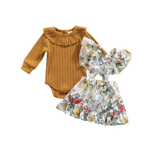 Suanret 2Pcs Toddler Baby Girls Clothes Set Long Sleeve Collar Ribbed Romper Floral Suspender Dress Outfits Ginger 9-12 Months