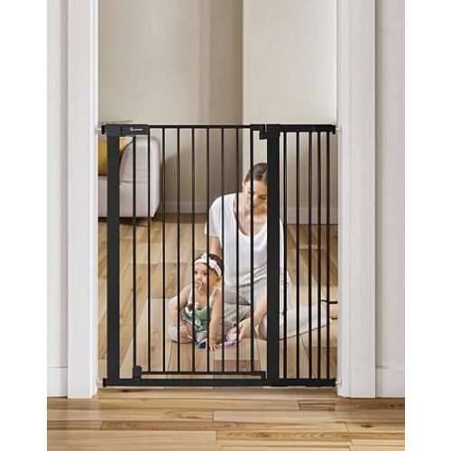 COMOMY 42" Extra Tall Baby Gate for Stairs Doorways, Fits Openings 29.5" to 40.6" Wide, Auto Close Sturdy Safety Dog Gate for House, Pressure Mounted Easy Walk Through Pet Gate with Door, Black