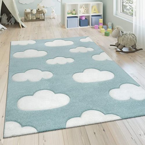 Modern Kids Rug with Clouds in Blue Pastel for Nursery, Size: 5'3" x 7'7"