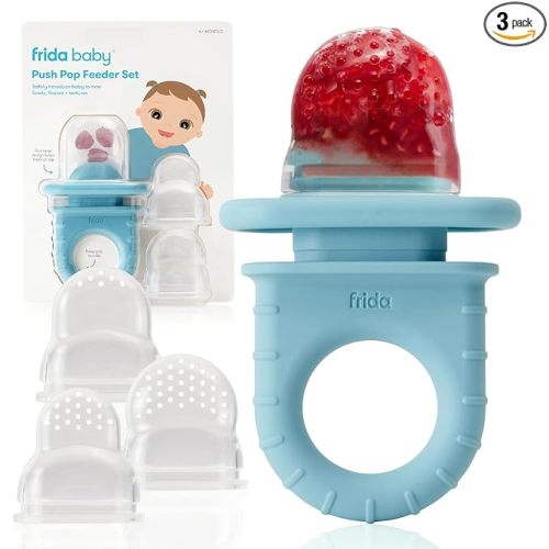 Frida Baby Push Pop Feeder, Baby Fruit Food Feeder to Safely Introduce New Foods, Fresh + Frozen, Silicone, BPA Free, Dishwasher Safe | 3 Count, Blue