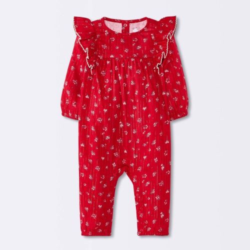 Baby Girls' Christmas Holiday Floral Romper - Cloud Island™ Red