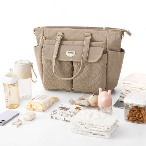 Corduroy Quilted Diaper Bag Tote with Changing Mat