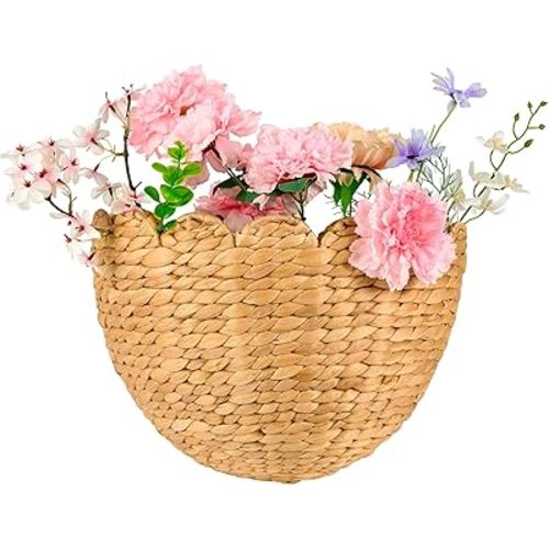 Scalloped Wicker Wall Basket 14"L x 11"W x 7"H, Handwoven Hanging Wall Organizer for Boho Home Décor, Natural Rattan Storage Basket for Living Room, Entryway, Kitchen