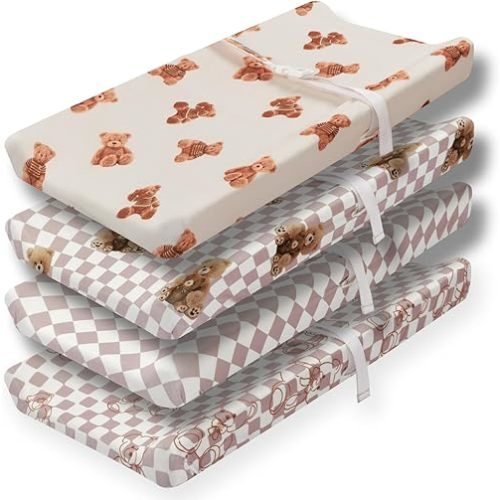 Fitted Baby Neutral Changing Pad Covers Bear and Buffalo Check Plaid Breathable Unisex Baby Sheet Set for Boys or Girls