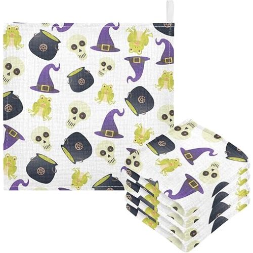 Spooky Halloween Elements Baby Burp Cloths for Boys Girls, 5 Pack Skull Frog Baby Muslin Washcloths Newborn Face Bath Towel Soft Absorbent Cotton Wash Cloth Baby,12 x 12 Inch