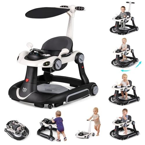 BABY JOY 7-in-1 Baby Walker, Foldable Baby Walker and Bouncer Combo with Handle, Adjustable Height & Speed, Music, Lights, Rocker/Push Mode, Baby Walker with Wheels for Boys Girls 7-18 Months (White)