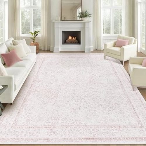 8x10 Area Rugs for Living Room: Washable Large Vintage Floral Rug Low Pile Non-Slip Boho Carpet for Bedroom Home Office Dining Room (Pink, 8'x10')