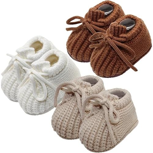 3 Pairs Baby Booties, Hand Knit Newborn Boys Girls First Walkers, Soft Cozy Sock Shoes for Newborn Toddler Boys Girls