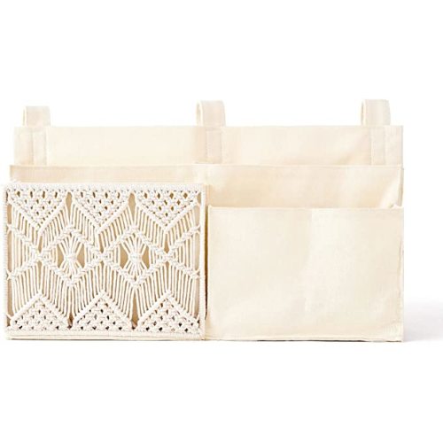 Mkono Bedside Caddy Hanging Organizer, Bunk Woven 7 Pockets Bed Storage Bag Boho Remote Magazine Books Holder with Macrame for Loft Bed College Dorm Bedroom Baby Bed Rails, Ivory