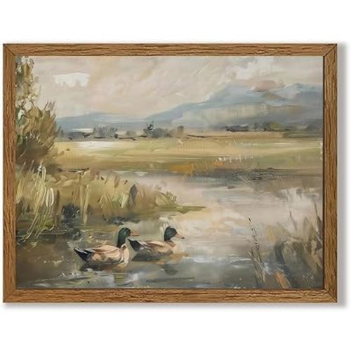 Urmoya Mallard Ducks Rustic Lake House Framed Canvas Wall Art, 8x10 Inch