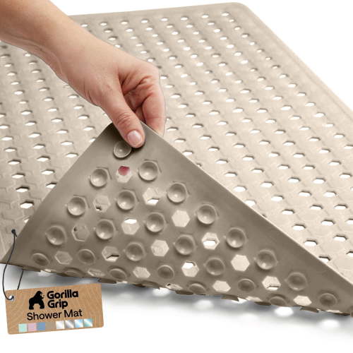 GORILLA GRIP Patented Bath Tub Shower Mat, Machine Washable Bathtub Floor Liner Mats, Suction Cups and Drain Holes to Keep Tubs Clean, Soft on Feet, Bathroom Essentials, 35x16 Inch, Beige