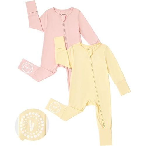 PATPAT Baby Footies Boys Girls - Bamboo Viscose - Zipper & Non-Slip Soles Romper Mitten - Footed & Footless Infant Clothes
