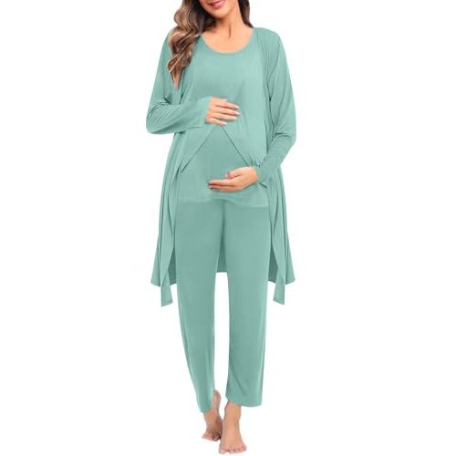 SWOMOG Maternity Nursing Robe Set 3 PCS Postpartum Breastfeeding Pajamas Hospital Pregnancy Pjs Double Layer Lounge Set