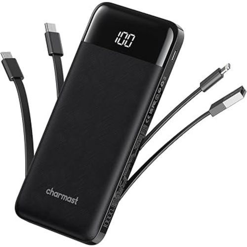 charmast Portable Charger with Built in Cables, Power Bank with Cords Wires, Slim 10000mAh Travel Battery Pack 6 Outputs 3 Inputs 3A Fast Charging for Samsung Google Pixel LG Moto iPhone iPad