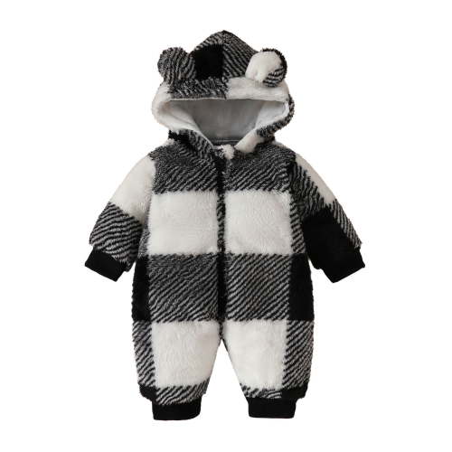 XDZJLR Kids Boys Girls Onesie Pajamas Flannel Infant Long Sleeve Plaid Hooded Romper Newborn Fleece Jumpsuit Nightwear Black 3-6 Months