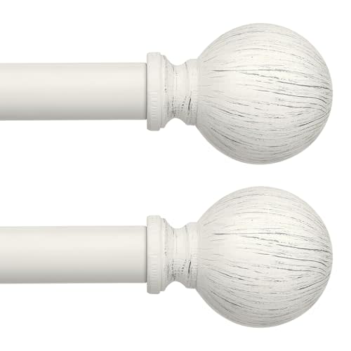 2 Pack Antique White Curtain Rods for Windows 48 to 84 Inch, 1 Inch Boho Decorative Vintage Drapery Rod with Antique White Finials, Adjustable Heavy Duty Rustic Farmhouse Metal Curtain Pole