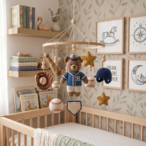 Baby Vintage Nursery Mobile, Baseball Bear Mobile, Baseball Bear Mobile, Sports Nursery Decor, Baby Boy Shower Gift Idea, Baby Shower Gift