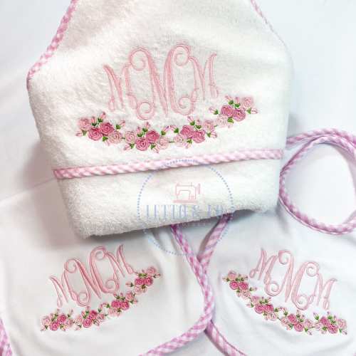 Monogrammed Baby Hooded Towel (Pink/Blue Gingham Trim)