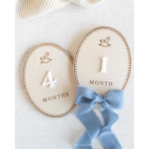 Baby Monthly Milestone Cards: Wooden Month Markers for newborn Photos, Teddy Bear, rocking horse