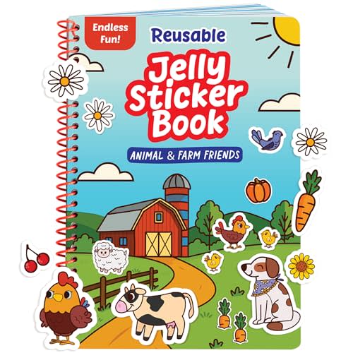 Reusable Jelly Sticker Book - Farm, 7 Scenes - 50 Thick Washable Stickers for Toddlers & Kids: Boys Easter Basket Stuffers, Gift Ideas for Ages 3-5 Years Old - Toddler Stickers Travel Activity Toy 2-4