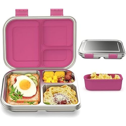 Stainless Steel Bento Box Kids, 3 Compartments Leak Proof Metal Bento Lunch Box, 304 Stainless Steel Bento Lunch Containers for School and Office,Dishwasher Safe, BPA-Free-Pink