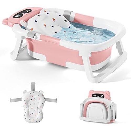 Baby Bathtub,Foldable Baby Bath Tub for Newborn to Toddler (0-18 Months) – Collapsible Infant Tub for Travel with Thermometer, Soft Cushion,Pink