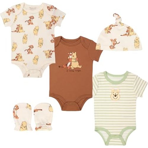 Magic Threadz Disney Clothes Boys Winnie the Pooh 3-Pack Bodysuit Set with Hat & Mittens – Soft Cotton Baby Outfit Set (0–9M)