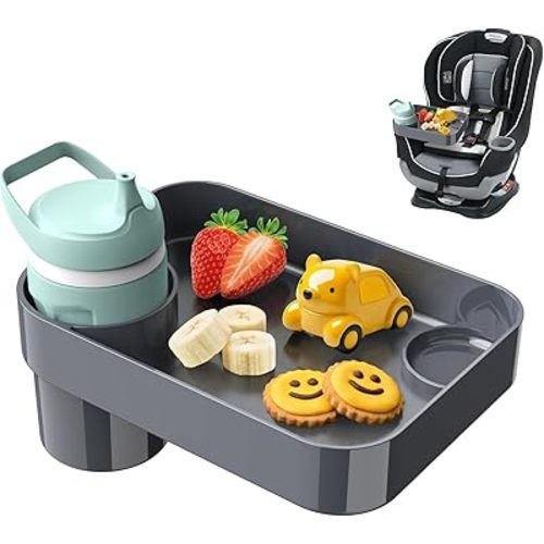Car Seat Snack Tray for Toddlers - 3 Inch Cup Holder Fits Most Sippy Cups & Straw Bottles with Dip Well, Mess-Free Square Kids Travel Tray Road Trip Essentials, Dark Grey
