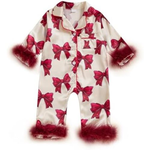 Baby Girl Boy Silk Satin Pajamas Feather Trim Button Down Romper Bodysuit