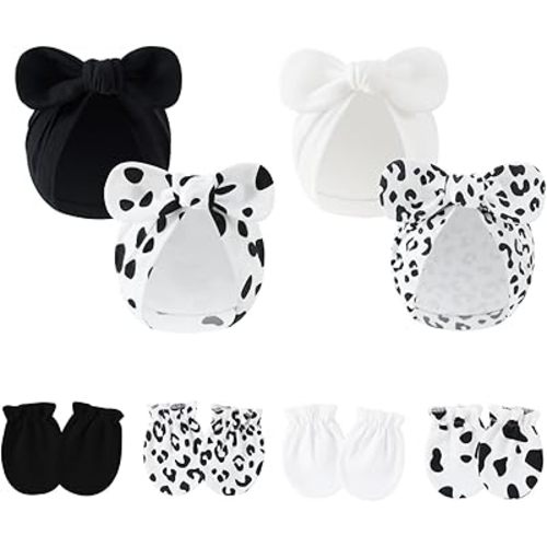 LIDHAY 4PCS Newborn Baby Hospital Hats Beanie Bow Infant Caps Cotton Preemie Hats No Scratch Mittens Set for 0-1 Years Old