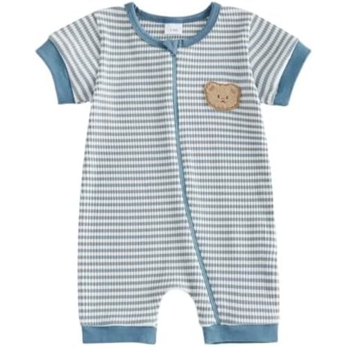 Newborn Outfits Baby Boy Clothes Summer Short Sleeve Knitted Stripe Bear Embroidery Zipper Romper Jumpsuit