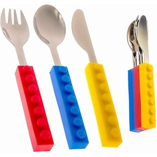 Toddler Utensils and Brick Toys - Set of 3 Interlocking Block Kids Silverware - Toddler Fork and Spoon Set with Toddler Knife-Non-BPA Kids Cutlery and Kid Safe Stainless Steel Silverware(3 Years Up)