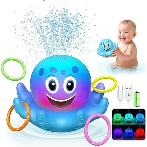 Octopus Bath Toys for Toddlers| Rechargeable Automatic Sprinkler Water Toys with LED Lights & 4 Toss Rings,150 Mins Battery Life,Baby Toys for 6-12 12-18 Months Gifts for Boys Girls 1-5 Years Old