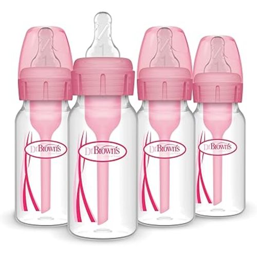 Dr. Brown's Natural Flow Anti-Colic Options+ Narrow Baby Bottle, 4 oz/120 mL, with Level 1 Slow Flow Nipple, Pink, 0m+, 4 Pack