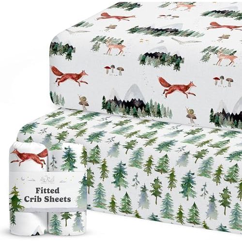 Sorrel + Fern Baby Crib Sheets Neutral, Fitted 2-Pack (Forest Animals)