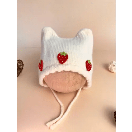 1pc Baby Girls' Cat Ears Knitted Beanie With Strawberry Decoration, Suitable For Daily Wear In Autumn And Winter | SHEIN USA