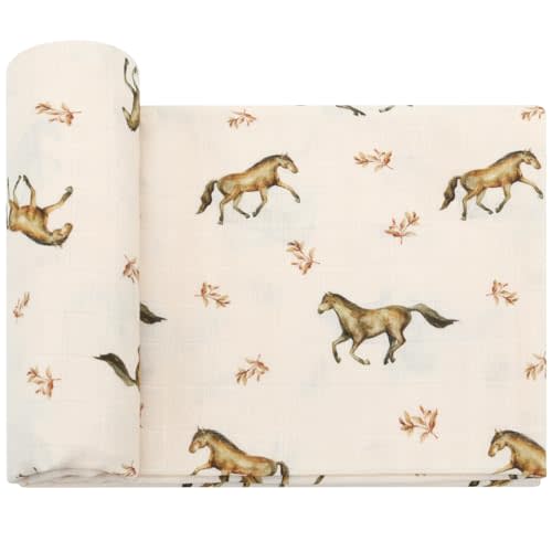 LifeTree Baby Swaddle Blankets, Muslin Swaddle Blankets Boys Girls Swaddling Wrap Receiving Blanket for Newborn, 70% Viscose Bamboo and 30% Cotton, Large 47" x 47", Horse Pattern
