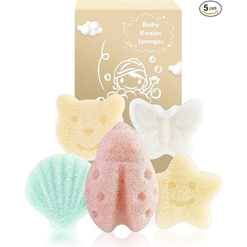 MoHern Konjac Baby Sponge for Bathing, 5Pcs Natural Cute Shapes, Kids Bath sponges for Infants, Toddler Bath time, Plant-Based, Extra Soft
